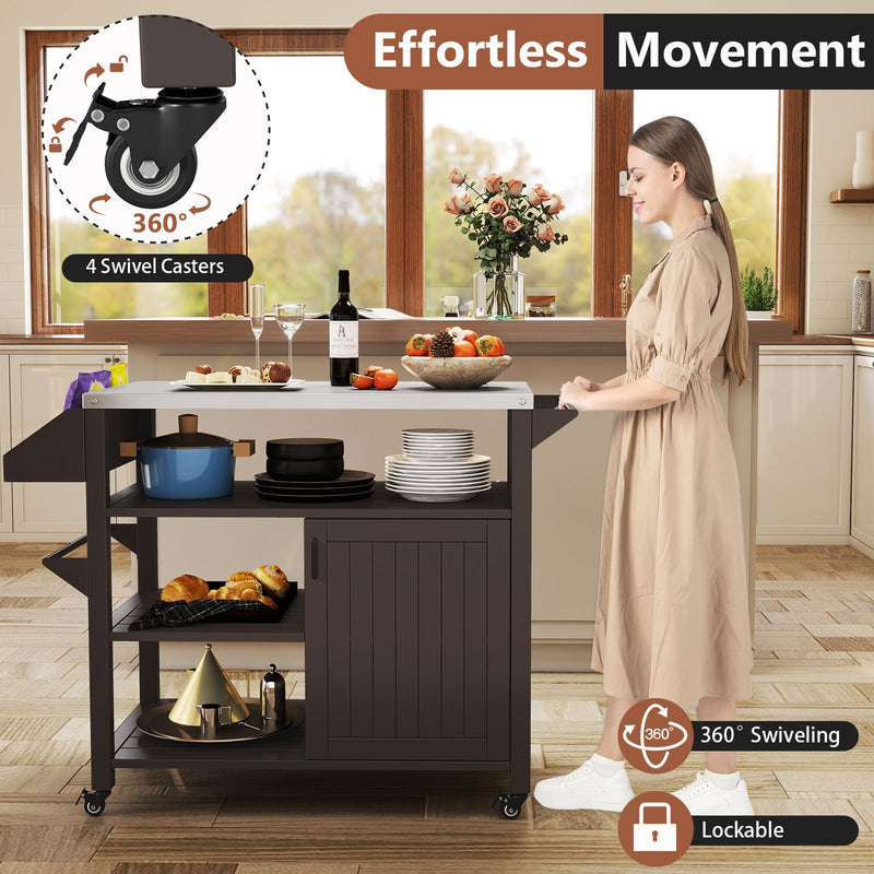 Outdoor Grill Cart with Storage Cabinet Shelves and Stainless Steel Top-Brown