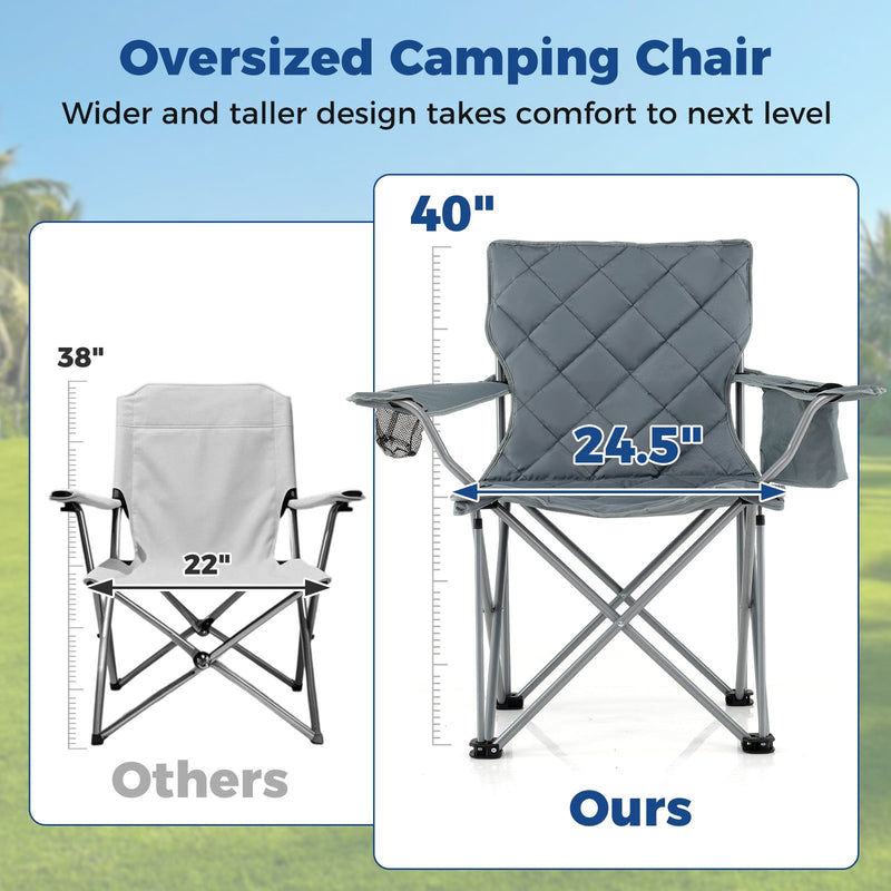 Oversized Camping Chairs Outdoor Folding Chair with Cooler Pouch and Cup Holder-Gray