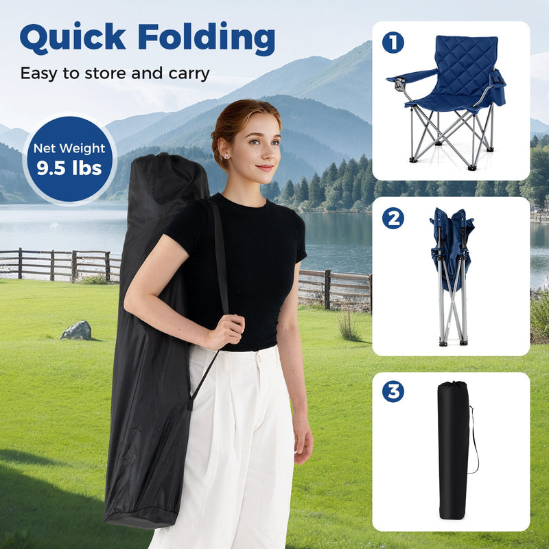 Oversized Camping Chairs Outdoor Folding Chair with Cooler Pouch and Cup Holder-Navy
