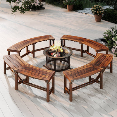 Patio Curved Bench Solid Wood Fire Pit Bench Outdoor Backless Loveseat-Rustic Brown