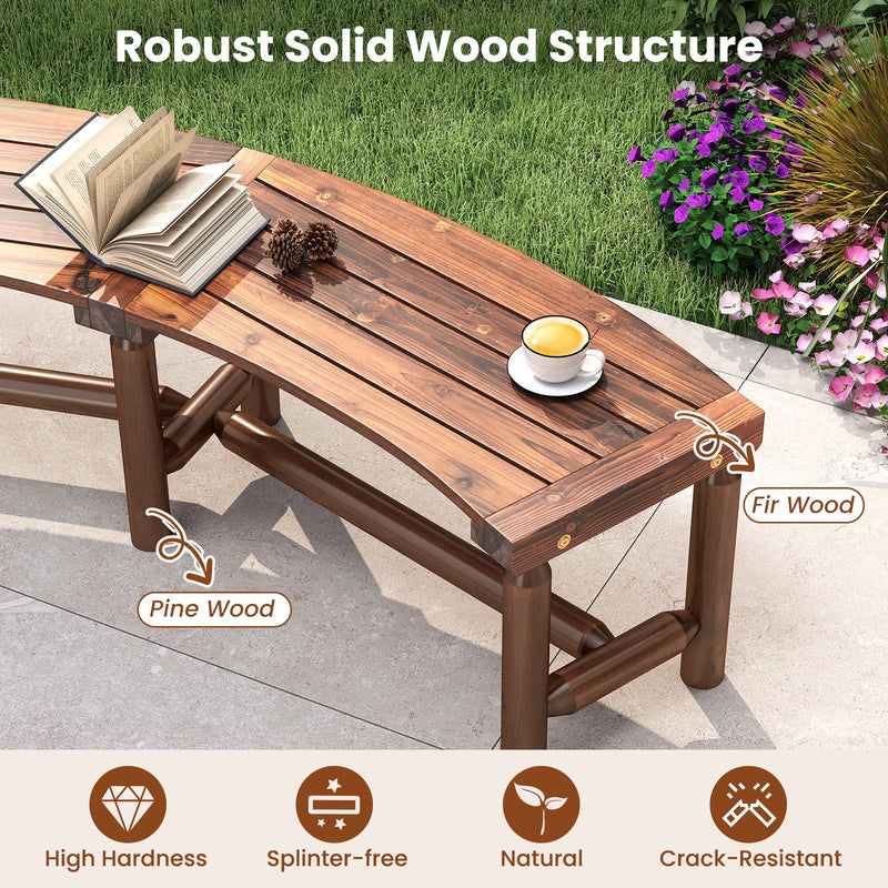 Patio Curved Bench Solid Wood Fire Pit Bench Outdoor Backless Loveseat-Rustic Brown