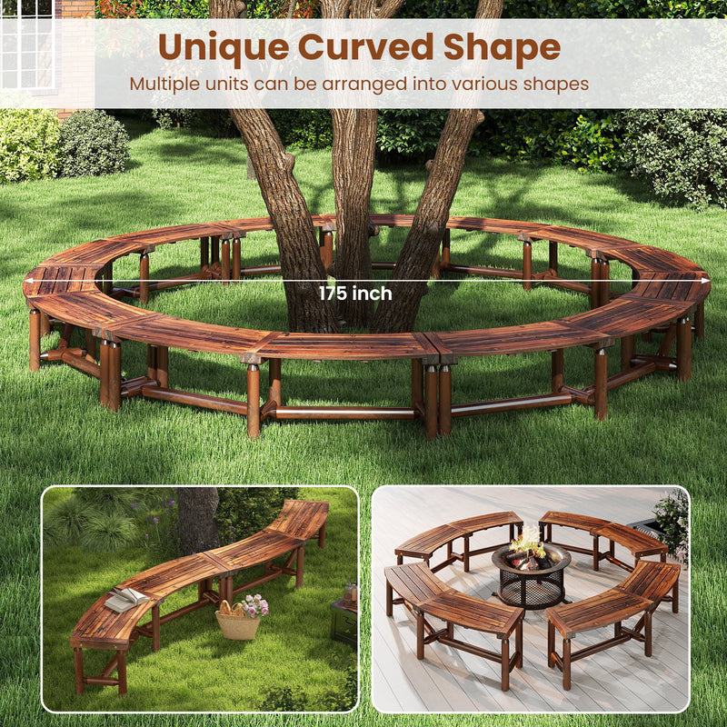 Patio Curved Bench Solid Wood Fire Pit Bench Outdoor Backless Loveseat-Rustic Brown