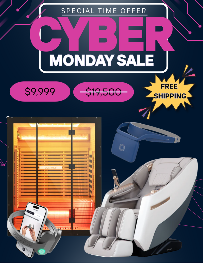 Cyber Monday Combo Deal – Costway 3-4 Person Full Spectrum Low EMF Sauna with Red Light & Himalayan Salt Bar + Costway JL10029WL Zero Gravity SL-Track Massage Chair with Heat + NeuroVizr Brain Training Device + Pulsetto Vagus Nerve Stimulator