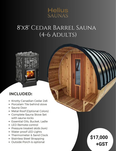 8'x8' Cedar Barrel Sauna HELIUS