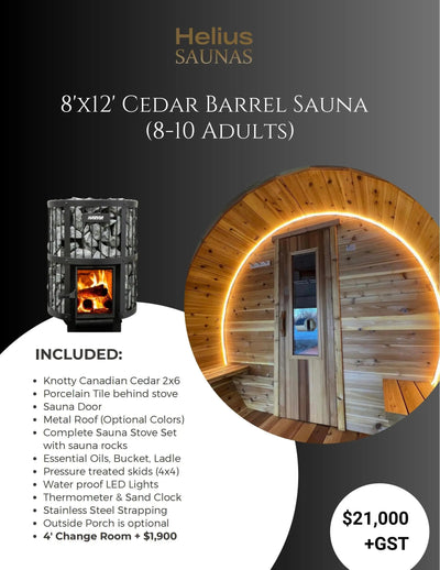 8'X12'CEDAR BARREL SAUNA(8-10 ADULTS) HELIUS