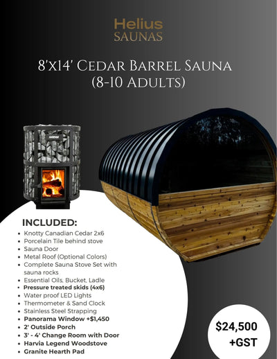 8'X14 CEDAR BARREL SAUNA(8-10 ADULTS) HELIUS