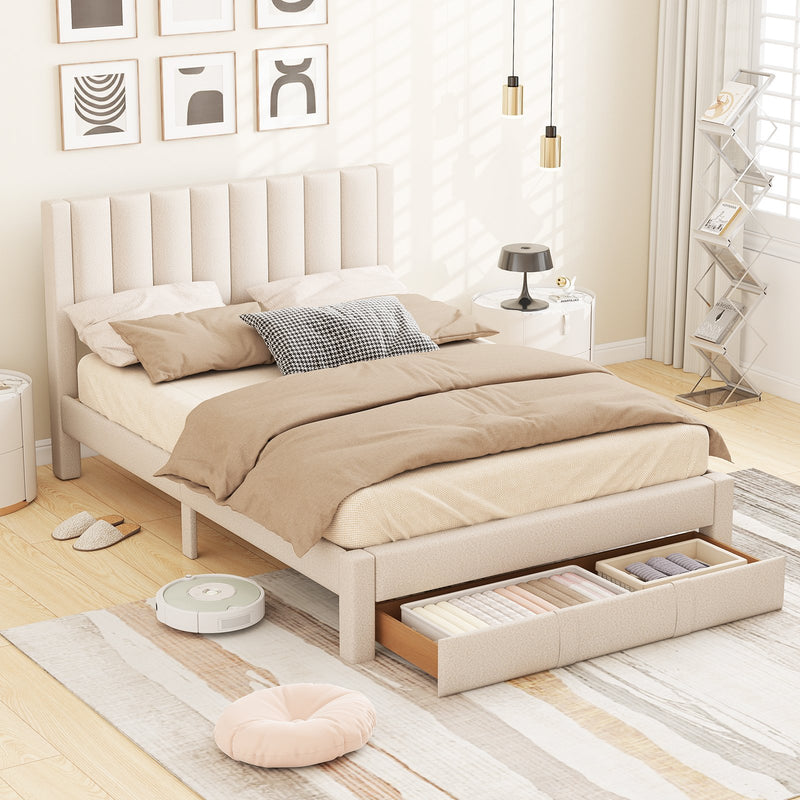 Queen Size Bed Frame with Storage Drawer and Vertical Channel Headboard-Beige
