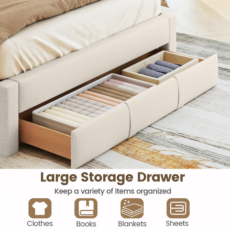 Queen Size Bed Frame with Storage Drawer and Vertical Channel Headboard-Beige