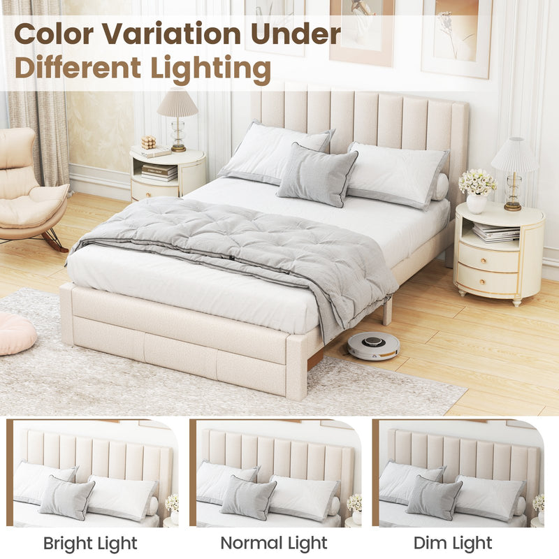 Queen Size Bed Frame with Storage Drawer and Vertical Channel Headboard-Beige