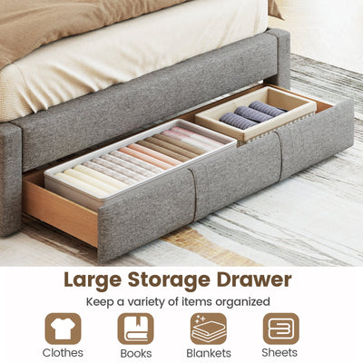 Queen Size Bed Frame with Storage Drawer and Vertical Channel Headboard-Gray