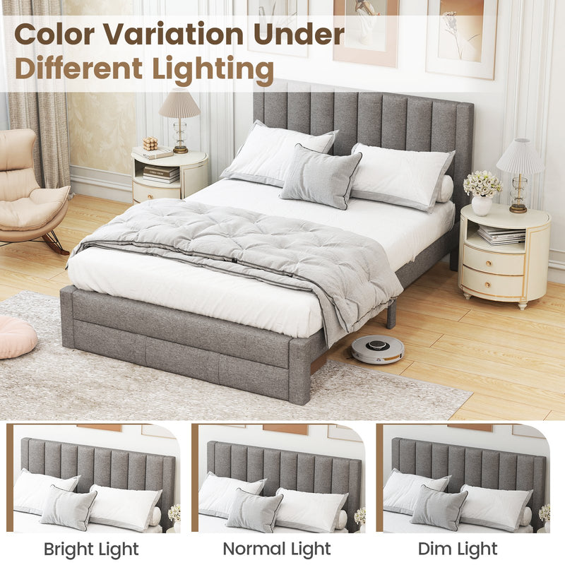 Queen Size Bed Frame with Storage Drawer and Vertical Channel Headboard-Gray
