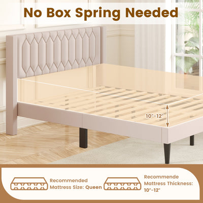 Queen Size Dutch Velvet/Linen Fabric Upholstered Platform Bed with Wingback Headboard and Wooden Slat Support-Beige