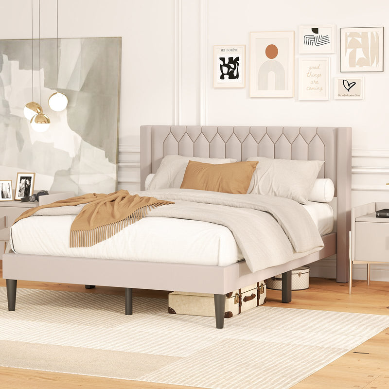 Queen Size Dutch Velvet/Linen Fabric Upholstered Platform Bed with Wingback Headboard and Wooden Slat Support-Beige