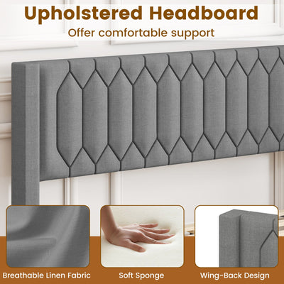 Queen Size Dutch Velvet/Linen Fabric Upholstered Platform Bed with Wingback Headboard and Wooden Slat Support-Gray、