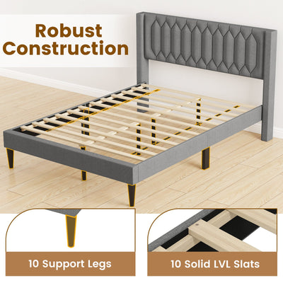 Queen Size Dutch Velvet/Linen Fabric Upholstered Platform Bed with Wingback Headboard and Wooden Slat Support-Gray、