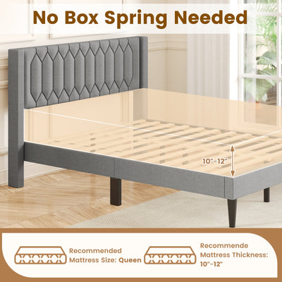 Queen Size Dutch Velvet/Linen Fabric Upholstered Platform Bed with Wingback Headboard and Wooden Slat Support-Gray、
