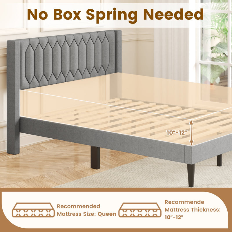 Queen Size Dutch Velvet/Linen Fabric Upholstered Platform Bed with Wingback Headboard and Wooden Slat Support-Gray、
