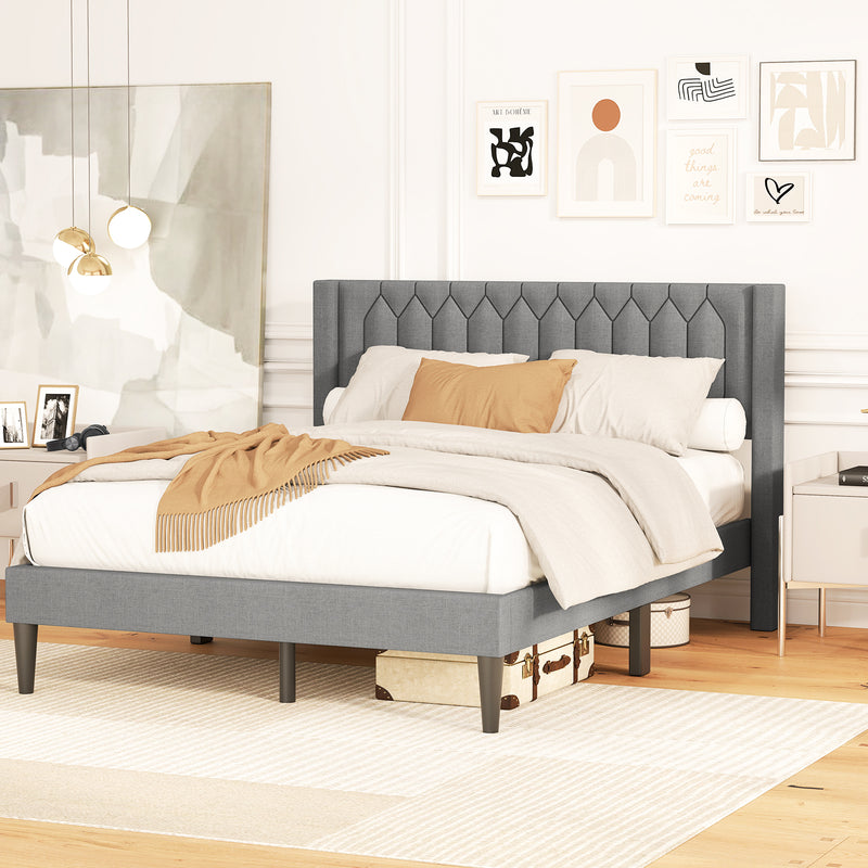 Queen Size Dutch Velvet/Linen Fabric Upholstered Platform Bed with Wingback Headboard and Wooden Slat Support-Gray、