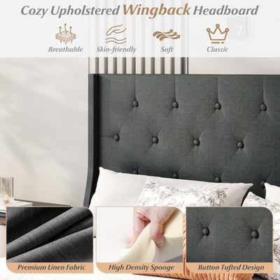 Queen Size Upholstered Bed Frame with Button Tufted Wingback Headboard and Wooden Slats Support Mattress Foundation-Gray