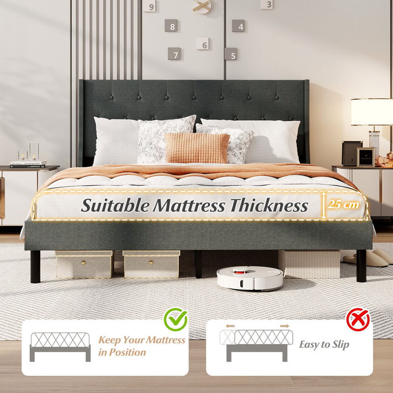 Queen Size Upholstered Bed Frame with Button Tufted Wingback Headboard and Wooden Slats Support Mattress Foundation-Gray