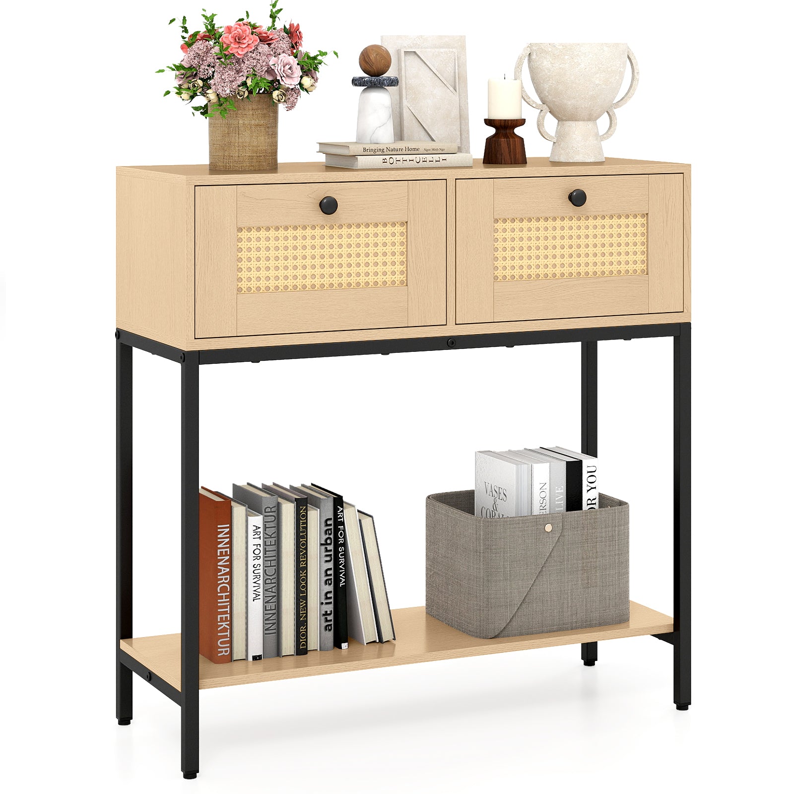 Rattan Console Table Boho Entryway Table with 2 Rattan Drawers and Ope