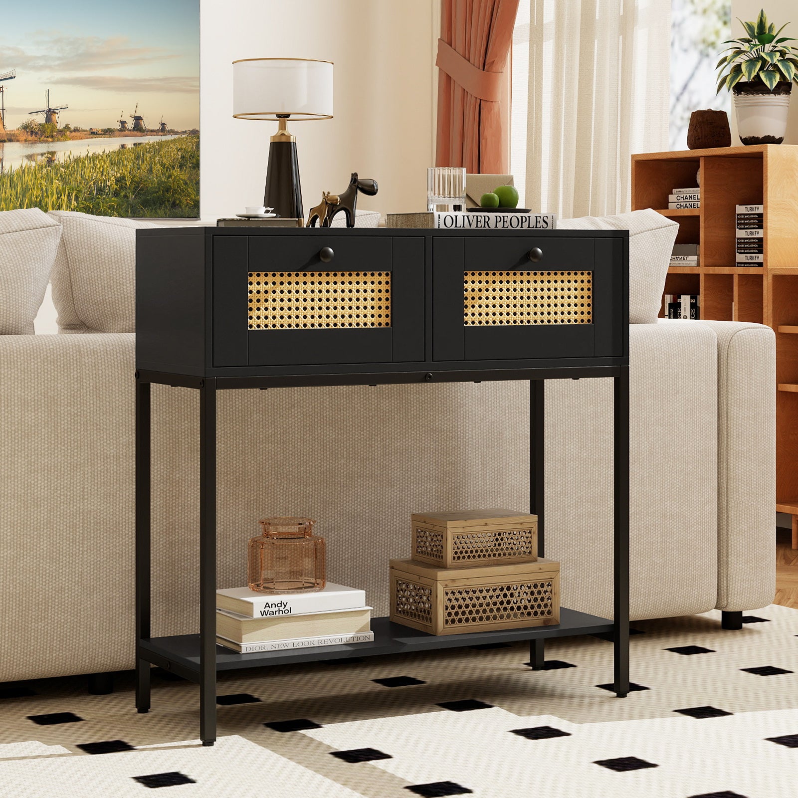 Maison Riviera Rattan Console Table Rattan Console Table Boho Entryway Table with 2 Rattan Drawers and Ope