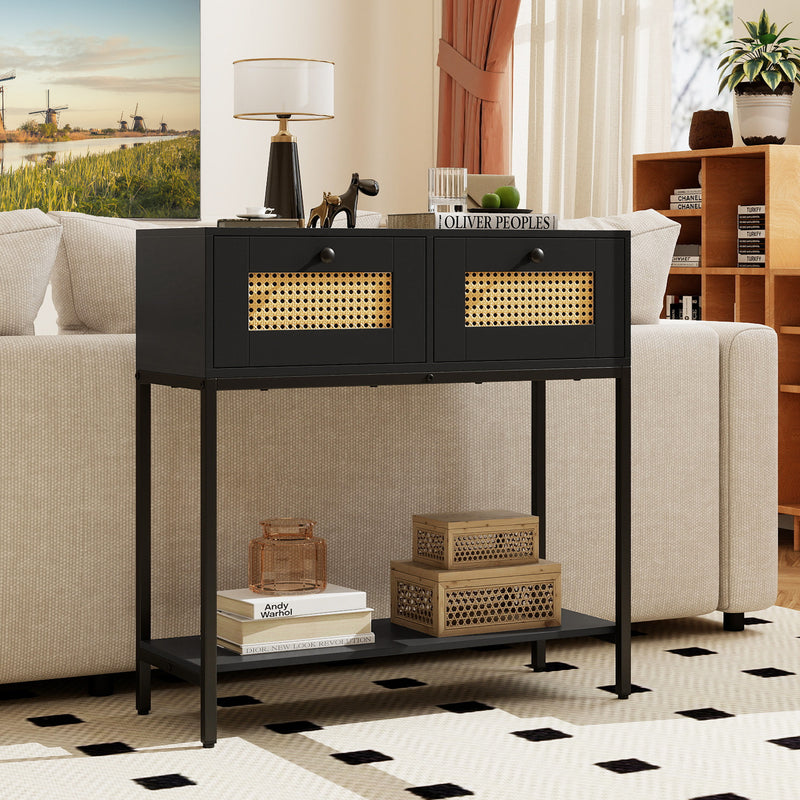 Rattan Console Table Boho Entryway Table with 2 Rattan Drawers and Ope