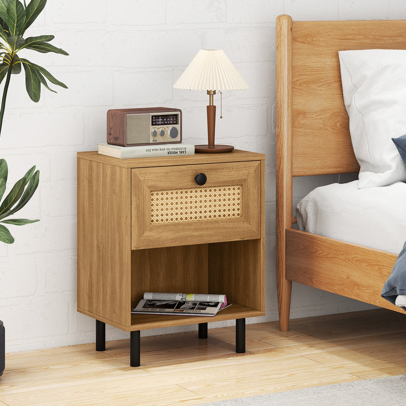Rattan Nightstand Boho End Table with Rattan Drawer and Open Shelf Set of 2-Natural