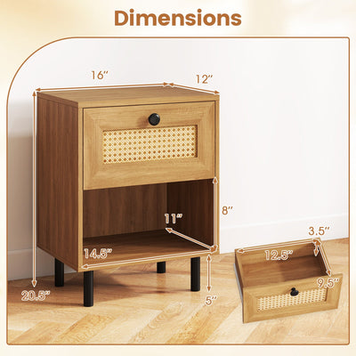 Rattan Nightstand Boho End Table with Rattan Drawer and Open Shelf Set of 2-Natural