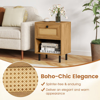 Rattan Nightstand Boho End Table with Rattan Drawer and Open Shelf Set of 2-Natural