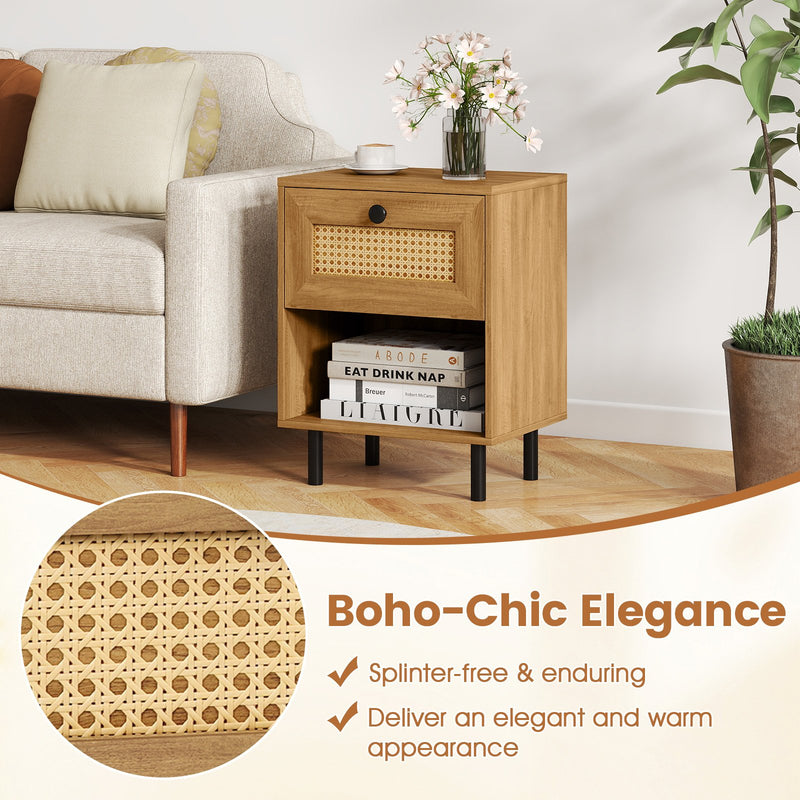Rattan Nightstand Boho End Table with Rattan Drawer and Open Shelf Set of 2-Natural