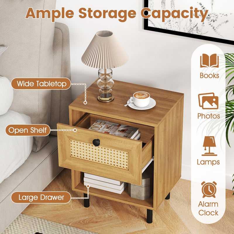 Rattan Nightstand Boho End Table with Rattan Drawer and Open Shelf Set of 2-Natural