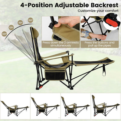 Reclining Camping Chair with Removable Footrest and Adjustable Backrest-Green