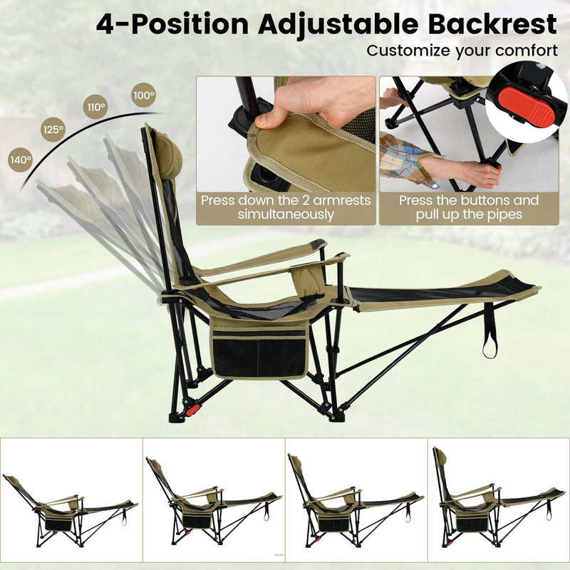 Reclining Camping Chair with Removable Footrest and Adjustable Backrest-Green