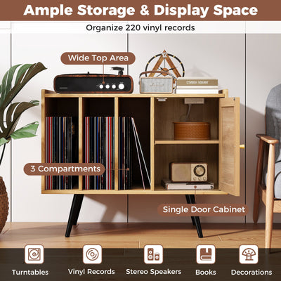 Record Player Stand with Charging Station and Rattan Cabinet for Living Room-Natural