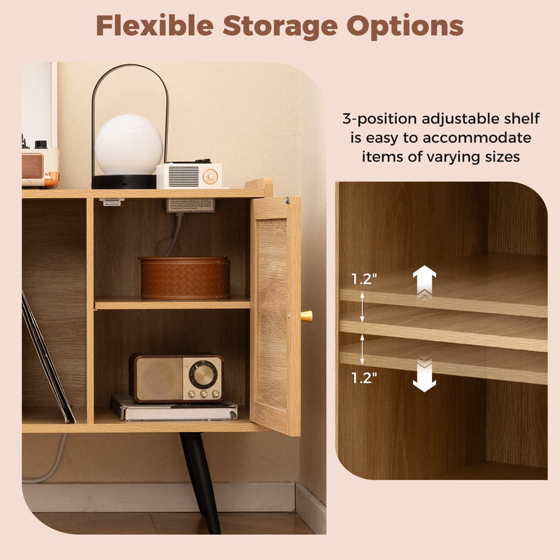 Record Player Stand with Charging Station and Rattan Cabinet for Living Room-Natural