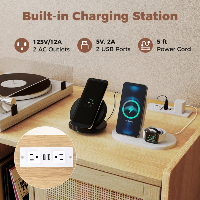 Record Player Stand with Charging Station and Rattan Cabinet for Living Room-Natural