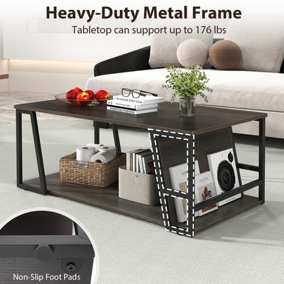 Rectangle Coffee Table 2-tier Industrial Accent Table with Storage Shelf and Compartment-Brown
