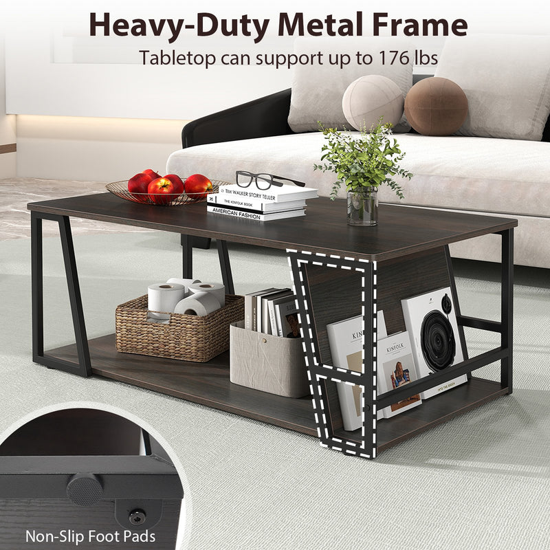 Rectangle Coffee Table 2-tier Industrial Accent Table with Storage Shelf and Compartment-Brown