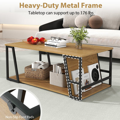 Rectangle Coffee Table 2-tier Industrial Accent Table with Storage Shelf and Compartment-Natural