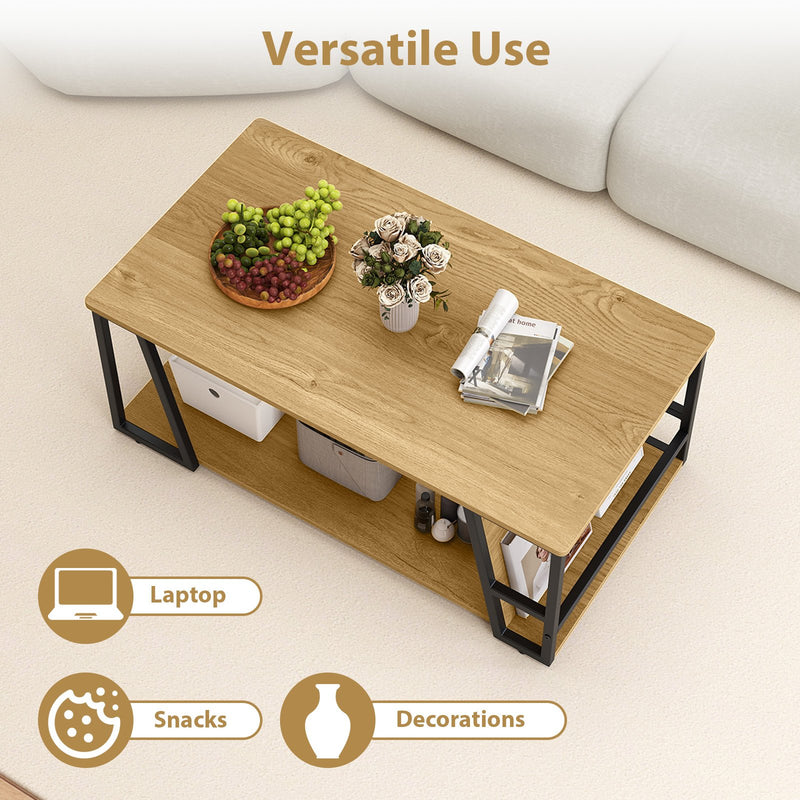 Rectangle Coffee Table 2-tier Industrial Accent Table with Storage Shelf and Compartment-Natural
