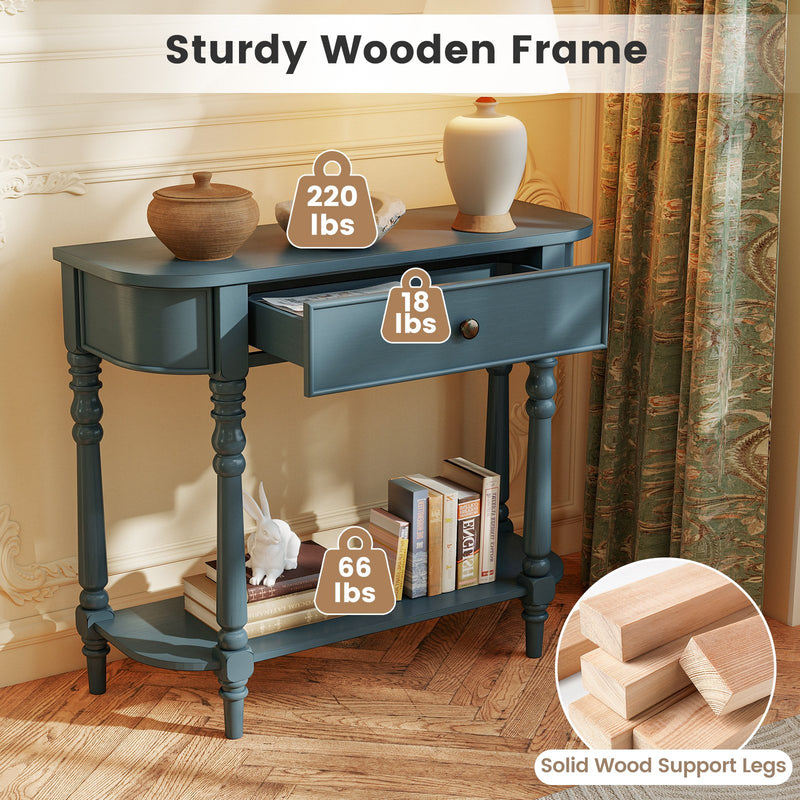 Retro Console Table36"L Wooden 2-Tier Narrow Behind Couch Foyer Table-Blue