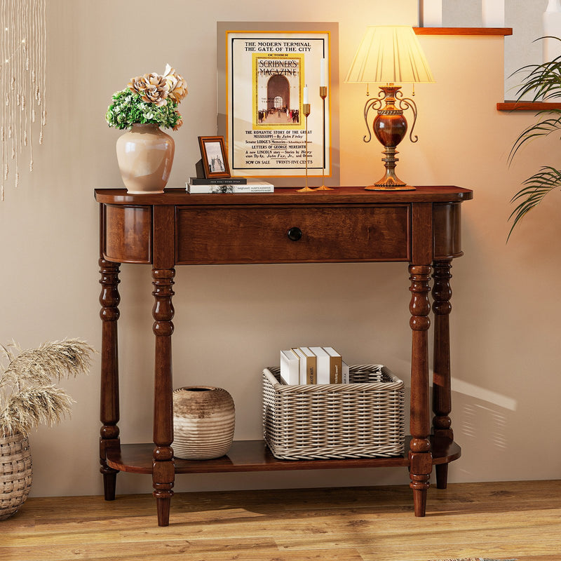 Retro Console Table 36"L Wooden 2-Tier Narrow Behind Couch Foyer Table-Brown