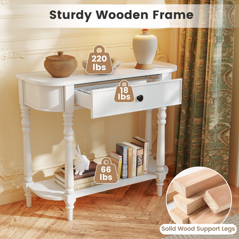 Retro Console Table 36"L Wooden 2-Tier Narrow Behind Couch Foyer Table-White