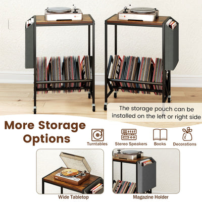 Rolling Record Player Stand 2-Tier with Vinyl Storage and Magazine Holder Bag-Rustic Brown