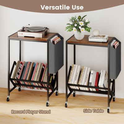 Rolling Record Player Stand 2-Tier with Vinyl Storage and Magazine Holder Bag-Rustic Brown