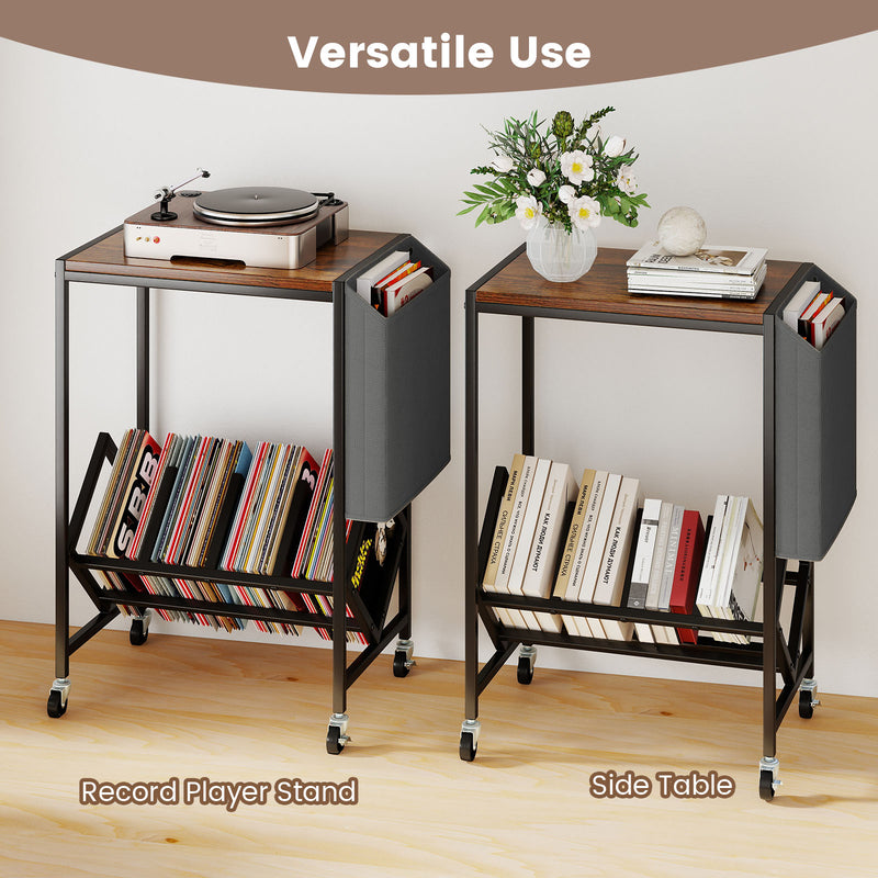 Rolling Record Player Stand 2-Tier with Vinyl Storage and Magazine Holder Bag-Rustic Brown