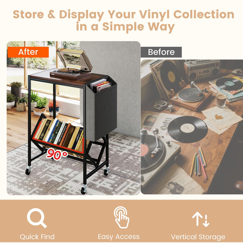 Rolling Record Player Stand 2-Tier with Vinyl Storage and Magazine Holder Bag-Rustic Brown