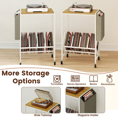 Rolling Record Player Stand 2-Tier with Vinyl Storage and Magazine Holder Bag-Natural