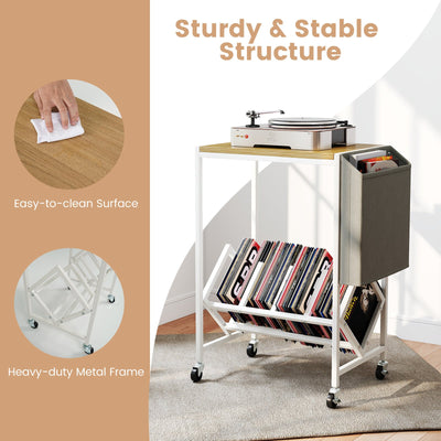 Rolling Record Player Stand 2-Tier with Vinyl Storage and Magazine Holder Bag-Natural